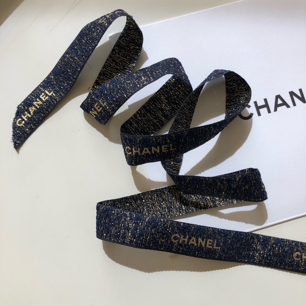 CHANEL Gift Wrapping Ribbon Tweed Holiday Limited Edition Gold 24” 2ft Hair Tie